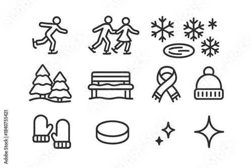 Winter Skating Icons. Winter Ice Skating. Line outline icon set of Winter Ice Skating: skater, pair skating,