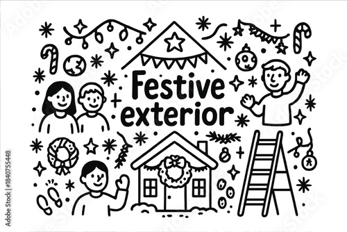 Festive Celebration Doodles. Festive exterior. Hand-drawn doodle illustration of festive exterior. House,