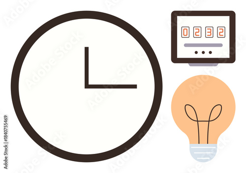 Large clock face, glowing light bulb, and digital counter panel symbolize time management, innovation, energy efficiency, productivity, creativity, goal tracking and planning. Simple flat metaphor