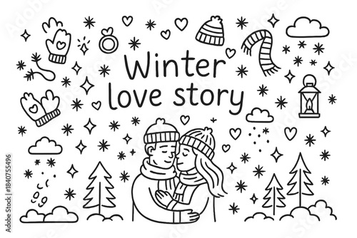 Winter Love Doodles. Winter love story. Hand-drawn doodle illustration of Winter love story. couple, ring,