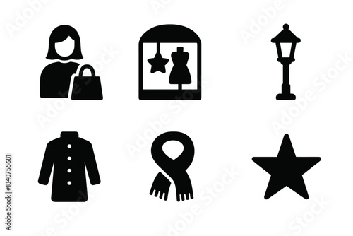 Night Shopping Icons. Night shopping. Filled icon set of night shopping: shopper, window display, shopping bag