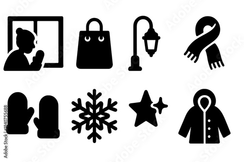 Cozy Winter Icons. Cozy window browsing. Filled icon set of cozy window browsing: person peering in window,
