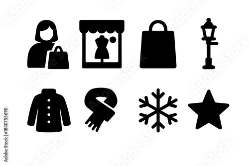 Night Shopping Icons. Night shopping. Filled icon set of night shopping: shopper, window display, shopping bag
