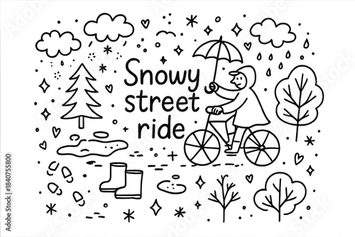 Snowy Street Ride. Snowy street ride. Hand-drawn doodle illustration of Snowy street ride. cyclist, bicycle,