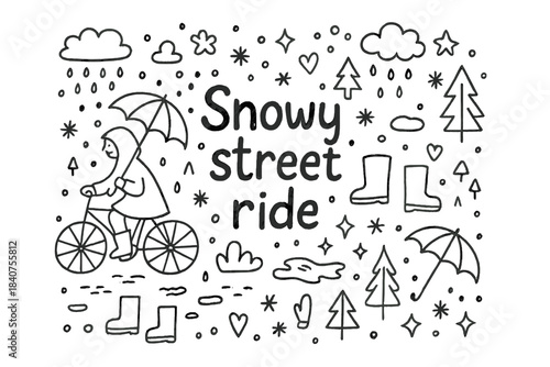 Snowy Street Ride. Snowy street ride. Hand-drawn doodle illustration of Snowy street ride. cyclist, bicycle,