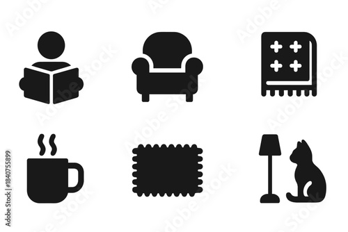 Winter Reading Icons. Winter reading time. Filled icon set of winter reading time: person with book, armchair,