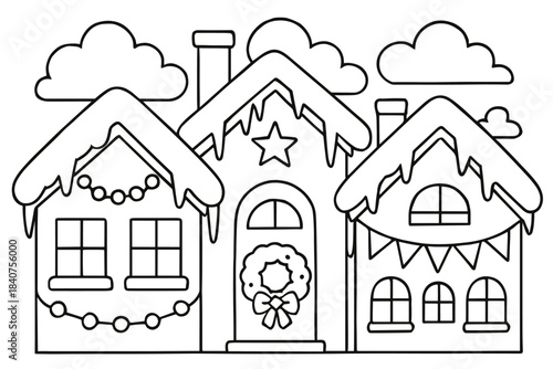 Winter Rooftop Coloring Page. Holiday winter rooftops children?s coloring book illustration, outlined drawing,