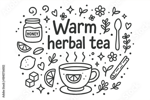 Warm Herbal Tea Doodle. Warm herbal tea. Hand-drawn doodle illustration of Warm herbal tea. teacup, lemon