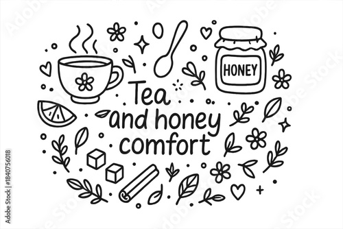 Tea and Honey Doodle. Tea and honey comfort. Hand-drawn doodle illustration of Tea and honey comfort. teacup,