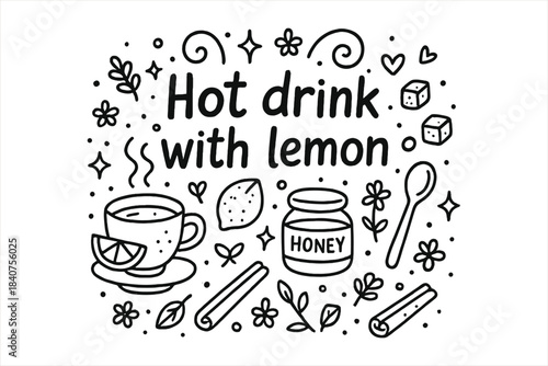Lemon Tea Doodle. Hot drink with lemon. Hand-drawn doodle illustration of Hot drink with lemon. teacup, lemon