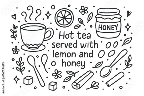 Tea and Honey Doodle. Hot tea served with lemon and honey. Hand-drawn doodle illustration of Hot tea served