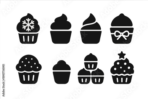 Holiday Treat Icons. Holiday treats. Filled icon set of holiday treats: cupcake with snowflake, frosted