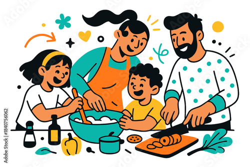 Family Cooking Fun. Cooking fun. Children helping stir a bowl, parents chopping ingredients nearby,