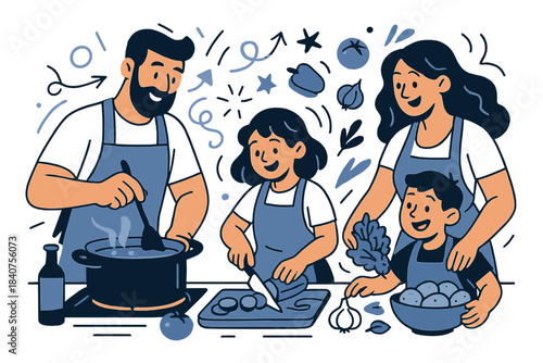 Lively Family Cooking. Family feast prep. Parents and kids in colorful aprons, preparing ingredients together,