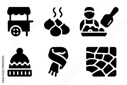 Street Chestnut Icons. Street chestnuts. Filled icon set of street chestnuts: cart, steaming chestnuts, vendor