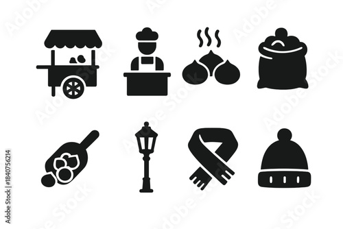 Winter Market Icons. Winter street market. Filled icon set of winter street market: chestnut cart, vendor,