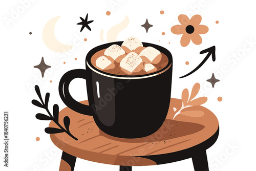 Cozy Chocolate Mug. Chocolate delight. Mug on a small wooden table, topped with fluffy marshmallows, cocoa