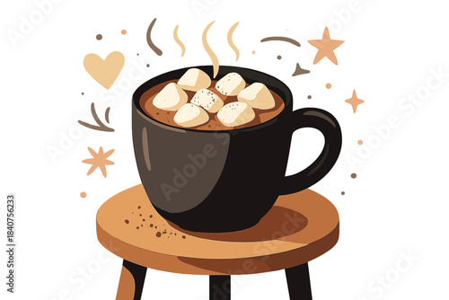Cozy Chocolate Mug. Chocolate delight. Mug on a small wooden table, topped with fluffy marshmallows, cocoa