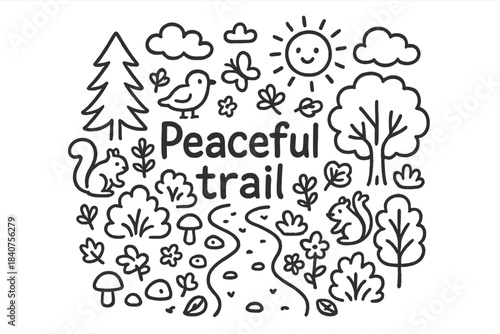 Doodle Forest Path. Peaceful trail. Hand-drawn doodle illustration of peaceful trail. Forest path, trees,
