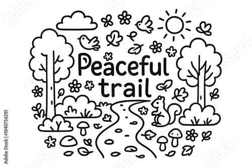 Doodle Forest Path. Peaceful trail. Hand-drawn doodle illustration of peaceful trail. Forest path, trees,