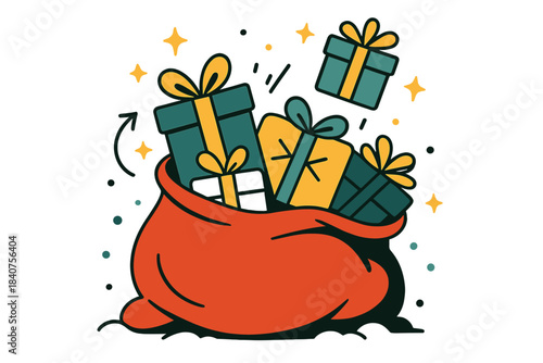 Festive Gift Wonderland. Santa?s treasures. Red sack with gifts in various sizes and colors, ribbon accents