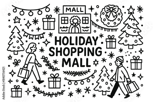 Festive Mall Doodle Art. Holiday shopping mall. Hand-drawn doodle illustration of holiday shopping mall. Mall