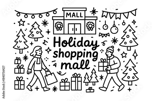 Festive Mall Doodle Art. Holiday shopping mall. Hand-drawn doodle illustration of holiday shopping mall. Mall