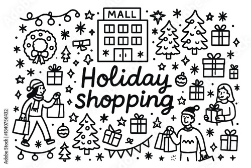 Festive Shopping Doodle. Holiday shopping. Hand-drawn doodle illustration of holiday shopping. Mall building,