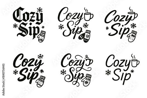 Calligraphy Cozy Sip. Cozy Sip. Create a calligraphy lettering illustration of the phrase: Cozy Sip. Render 6