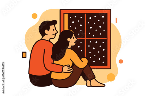 Cozy Winter View. Couple Watching Snow Through the Window. Two minimal figures cozy inside, gazing out at