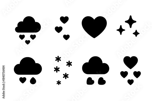 Cute Weather Icons. Cute weather. Filled icon set of cute weather: cloud, small hearts falling, heart trail,