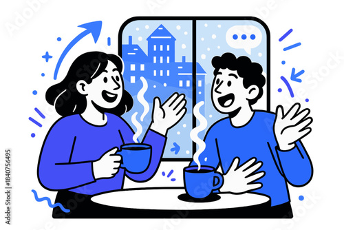 Cozy Coffee Chat. Coffee chat. Two friends holding steaming cups, animatedly talking and gesturing,