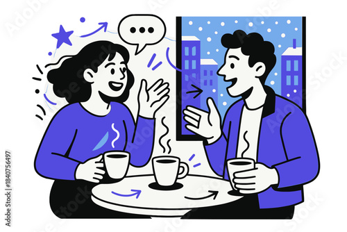 Cozy Coffee Chat. Coffee chat. Two friends holding steaming cups, animatedly talking and gesturing,