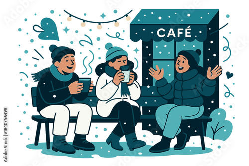 Cozy Winter Gathering. Winter warmth. Friends sitting on a bench outside cafe, holding mugs, snow falling
