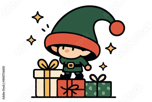 Festive Elf Scene. Tiny helper. Elf barely visible under a huge green and red hat, standing on gift boxes,