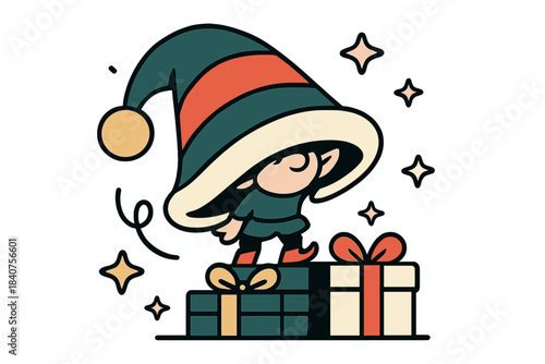 Festive Elf Scene. Tiny helper. Elf barely visible under a huge green and red hat, standing on gift boxes,