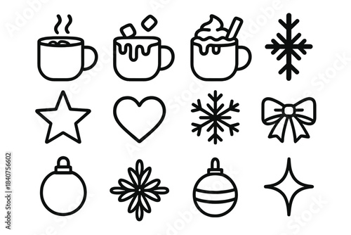 Festive Cocoa Icons. Festive Cocoa Mug. Line outline icon set of Festive Cocoa Mug: mug of cocoa, marshmallows