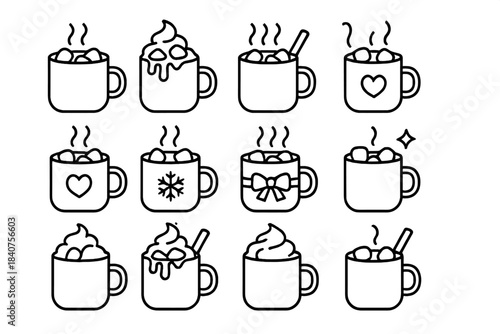 Hot Chocolate Icons. Mug of Hot Chocolate with Marshmallows. Line outline icon set of Mug of Hot Chocolate