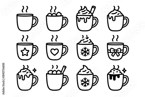 Christmas Cocoa Icons. Christmas Cocoa Mug. Line outline icon set of Christmas Cocoa Mug: mug, hot chocolate,