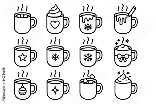 Winter Mug Icons. Winter Mug Collection. Line outline icon set of Winter Mug Collection: mug of hot cocoa,