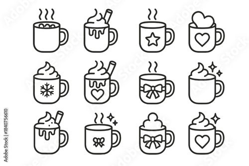 Christmas Cocoa Icons. Christmas Cocoa Mug. Line outline icon set of Christmas Cocoa Mug: mug, hot chocolate,