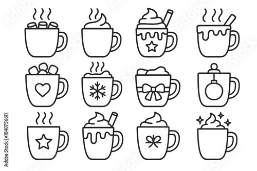 Winter Mug Icons. Winter Mug Collection. Line outline icon set of Winter Mug Collection: mug of hot cocoa,