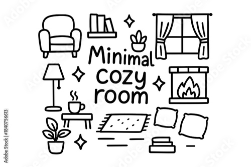 Minimal Cozy Room. Minimal cozy room. Hand-drawn doodle illustration of minimal cozy room. Armchair, lamp,