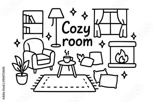 Cozy Room Doodle. Cozy room in one-line illustration. Hand-drawn doodle illustration of cozy room in one-line