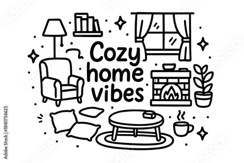 Cozy Home Doodle. Cozy home vibes. Hand-drawn doodle illustration of cozy home vibes. Armchair, lamp,