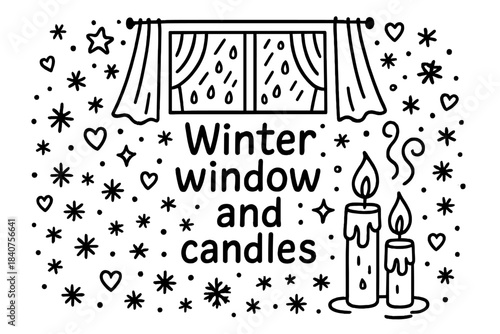 Winter Window Scene. Winter window and candles. Hand-drawn doodle illustration of Winter window and candles.