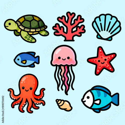 Flat cartoon illustration of cute sea creatures with turtle, octopus, jellyfish, starfish, coral branches, seashells, and colorful fish outlined in bold black lines on a light blue background