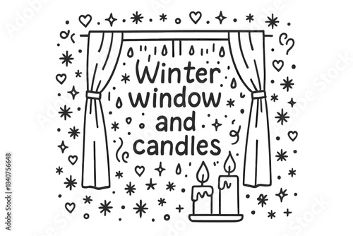Winter Window Scene. Winter window and candles. Hand-drawn doodle illustration of Winter window and candles.