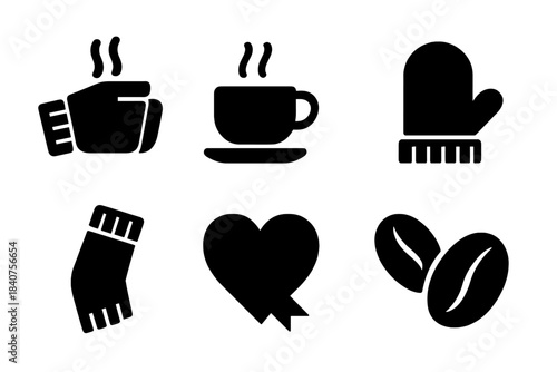 Cozy Beverage Icons. Hot drink fashion. Filled icon set of hot drink fashion: hand with glove, coffee cup,