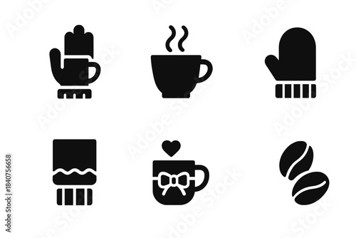 Cozy Winter Coffee Icons. Cozy winter coffee. Filled icon set of cozy winter coffee: hand with glove, coffee